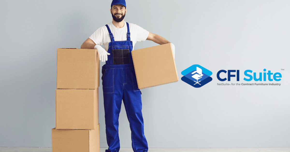Delivery man wearing white and blue overalls carrying boxes